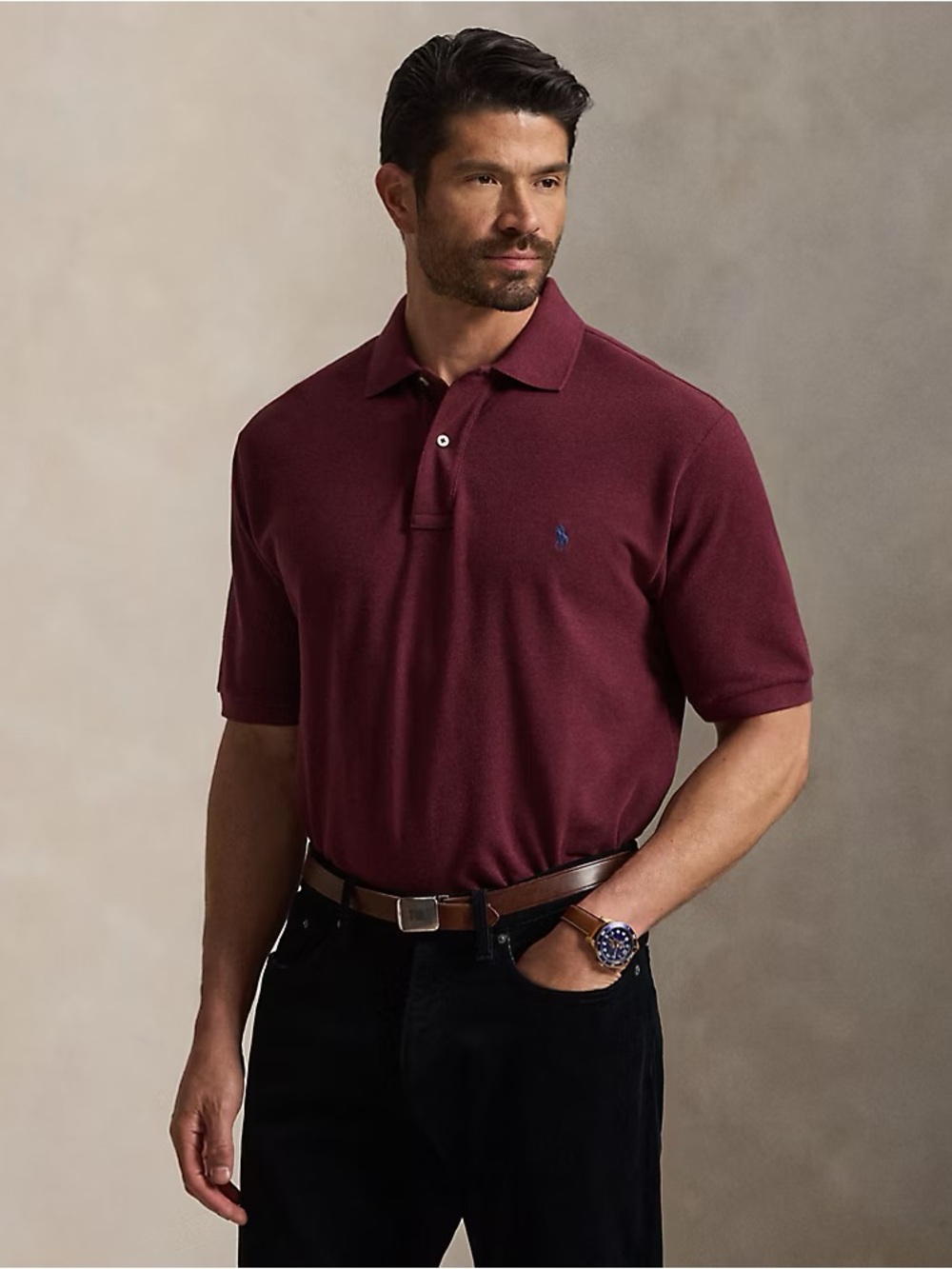 Polo by Ralph Lauren Men's Burgundy Cotton Polo with Navy Logo Classic Fit